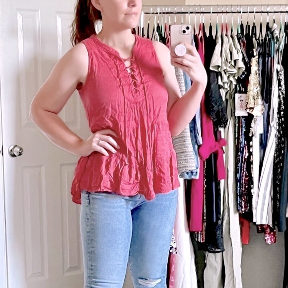 Anthropologie Floreat Pink Lace Up Tank Top Tunic Tiered Flowy Women Medium - Picture 2 of 7